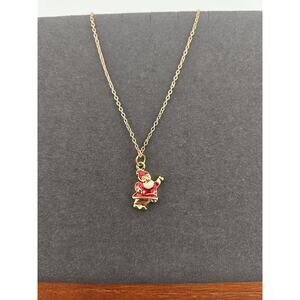 Santa Clause Red Charm Pendant Gold Tone Chain Necklace Holiday Vintage